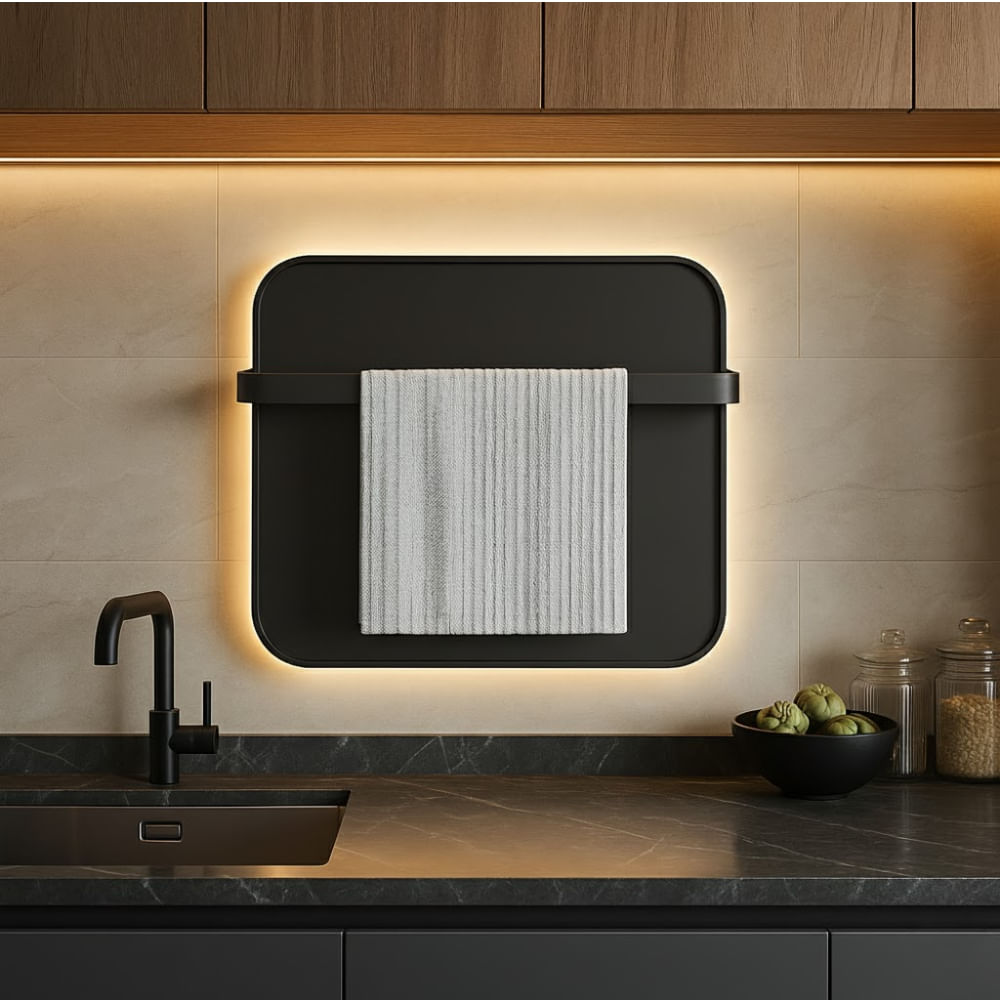 Toalheiro-Termico-Kitchen-Preto-com-Vidro-Preto-Neutro-Flaza-Design